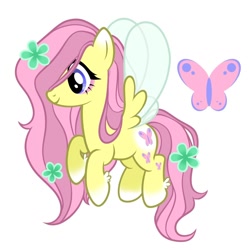 Size: 1280x1280 | Tagged: safe, artist:dreamscreep, fluttershy, butterfly, flutter pony, pony, g4, blue eyes, flower, flower in hair, insect wings, pink mane, pink tail, redesign, simple background, solo, tail, white background, wings, yellow coat
