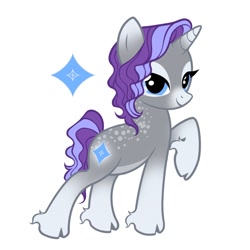 Size: 1280x1280 | Tagged: safe, artist:dreamscreep, rarity, pony, unicorn, g4, all fours, blue eyes, cloven hooves, coat markings, gray coat, horn, lidded eyes, looking at you, purple mane, purple tail, redesign, simple background, smiling, smiling at you, socks (coat markings), solo, spots, tail, wavy mane, wavy tail, white background