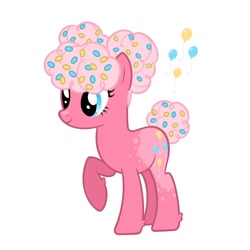 Size: 1280x1280 | Tagged: safe, artist:dreamscreep, pinkie pie, earth pony, pony, g4, all fours, balloon, bangs, blue eyes, curly hair, curly mane, curly tail, food, pigtails, pink mane, pink tail, redesign, short tail, simple background, smiling, solo, sprinkles, tail, white background