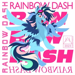 Size: 2160x2160 | Tagged: safe, artist:bluefeathercat, rainbow dash, pegasus, pony, g4, action pose, alternate design, blaze (coat marking), chest fluff, coat markings, colored wings, colored wingtips, facial markings, female, flying, goggles, goggles on head, high res, looking at you, mare, multicolored wings, open mouth, orange eyes, pale belly, redesign, smiling, socks (coat markings), solo, spread wings, text, wings