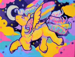 Size: 1280x966 | Tagged: safe, artist:poniesart, ringlet, pegasus, pony, g1, cloud, cloudy, crescent moon, flying, moon, painting, rainbow curl pony, solo, traditional art