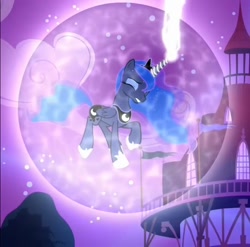 Size: 728x720 | Tagged: safe, screencap, princess luna, alicorn, pony, do princesses dream of magic sheep, g4, my little pony: friendship is magic, cropped, female, magic bubble, needs more jpeg, night, ponyville, sky, solo, stars