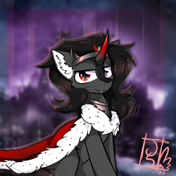 Size: 2000x2000 | Tagged: safe, artist:jubyskylines, king sombra, pony, unicorn, g4, blurry background, cape, clothes, crown, ear fluff, high res, jewelry, looking at you, outdoors, regalia, solo