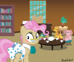 Size: 1280x1080 | Tagged: safe, artist:thunderdasher07, mayor mare, earth pony, giraffe, pony, rabbit, turtle, g4, abdl, adult foal, animal, blushing, book, bookshelf, butt, butt focus, caught, chair, cup, desk, diaper, diaper butt, diaper fetish, diapered, ear fluff, female, fetish, glasses, hoof fluff, inkwell, leg fluff, looking back, mare, mayor, neck fluff, non-baby in diaper, non-dyed mayor, office, paper, pink mane, pinpoint eyes, plot, plushie, poofy diaper, potted plant, quill, solo, stool, table, tail, tail hole, tea party, teacup, teapot, wall of tags, wide eyes, window