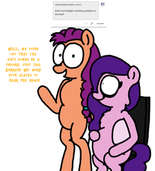 Size: 3023x3351 | Tagged: safe, artist:professorventurer, pipp petals, sunny starscout, earth pony, pegasus, pony, series:ask pippamena, g5, bipedal, braid, braided ponytail, chair, chest fluff, dialogue, duo, duo female, female, folded wings, hair tie, happy, high res, lesbian, looking at someone, looking at you, mare, pippamena, ponytail, pregnant, primrose petals, raised hoof, ship:petalscout, shipping, simple background, sitting, smiling, smiling at you, white background, wings