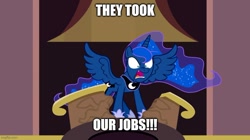 Size: 888x499 | Tagged: safe, edit, edited screencap, screencap, princess luna, alicorn, pony, g4, princess twilight sparkle (episode), meme, solo, south park, spread wings, they took our jobs, wings, yelling
