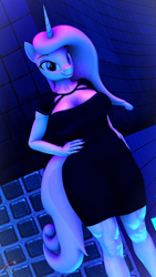 Size: 2160x3840 | Tagged: safe, artist:korizen, fleur-de-lis, unicorn, anthro, g4, 3d, breasts, busty fleur-de-lis, clothes, dress, hand on hip, high res, looking at you, neon, nightclub, solo