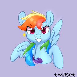 Size: 1080x1080 | Tagged: safe, artist:twiliset, rainbow dash, pegasus, pony, g4, cute, dashabetes, eye clipping through hair, eyebrows, eyebrows visible through hair, female, grin, gritted teeth, looking at you, mare, purple background, signature, simple background, smiling, smiling at you, solo, spread wings, teeth, teeth grinding, twinkle, wings