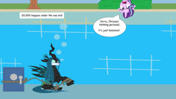Size: 1280x721 | Tagged: safe, artist:alexarmstrong2287, edit, edited screencap, screencap, queen chrysalis, starlight glimmer, changeling, pony, unicorn, g4, 1000 hours in ms paint, asphyxiation, cloth gag, drowning, fetish, gag, legs together, needs more jpeg, revenge, swimming pool