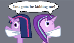 Size: 336x195 | Tagged: safe, artist:alexarmstrong2287, starlight glimmer, twilight sparkle, alicorn, pony, unicorn, g4, 1000 hours in ms paint, cloth gag, cropped, duo, fetish, gag, muffled words, needs more jpeg, twilight sparkle (alicorn)