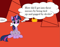 Size: 595x464 | Tagged: safe, artist:alexarmstrong2287, twilight sparkle, pony, unicorn, g4, 1000 hours in ms paint, bondage, chains, cloth gag, cropped, fetish, gag, karma, needs more jpeg, solo, thought bubble, tied up