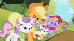 Size: 1280x720 | Tagged: safe, edit, edited screencap, screencap, applejack, sweetie belle, earth pony, pony, robot, robot pony, friendship is witchcraft, g4, sisterhooves social, 2012, animated, brony music, faic, funny, giant hat, hat, lyrics, meme, music, song, sweetie bot, text, webm