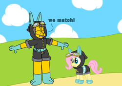 Size: 2808x1999 | Tagged: safe, artist:haileykitty69, fluttershy, human, pegasus, pony, g4, bunny ears, clothes, costume, crossover, crossover shipping, dangerous mission outfit, eyes closed, fluttermour, goggles, hoodie, interspecies, matching outfits, seymour skinner, shipping, smiling, the simpsons, zipper