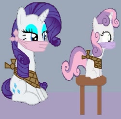 Size: 339x333 | Tagged: safe, artist:alexarmstrong2287, rarity, sweetie belle, pony, unicorn, g4, 1000 hours in ms paint, bondage, bound and gagged, cloth gag, cropped, duo, female, fetish, gag, needs more jpeg, over the nose gag, siblings, sisters, stool, tied up