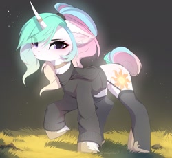 Size: 2387x2200 | Tagged: safe, artist:magnaluna, princess celestia, pony, g4, alternate hairstyle, choker, clothes, ear fluff, eye clipping through hair, eyebrows, eyebrows visible through hair, female, high res, hoodie, horn, horn ring, looking at you, mare, ponytail, raised hoof, ring, socks, solo, stockings, tail, tail bun, thigh highs