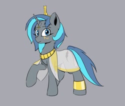 Size: 1280x1083 | Tagged: artist needed, safe, oc, oc:cork, pony, unicorn, clothes, cute, egyptian, egyptian headdress, egyptian pony, female, gray background, gray coat, mare, simple background, solo