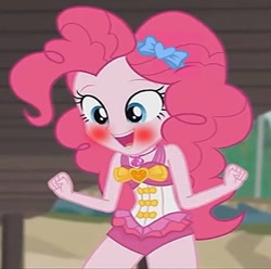 Size: 903x894 | Tagged: safe, edit, edited screencap, editor:incredibubbleirishguy, screencap, pinkie pie, human, equestria girls, g4, my little pony equestria girls: better together, x marks the spot, beach shorts swimsuit, blushing, bow, clothes, cropped, excited, one-piece swimsuit, pinkie pie swimsuit, swimsuit
