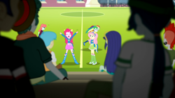 Size: 1920x1080 | Tagged: safe, screencap, blueberry cake, fluttershy, pinkie pie, rainbow dash, human, equestria girls, g4, my little pony equestria girls: summertime shorts, steps of pep, boots, cheering, clothes, football, polka dot socks, shoes, socks, sports, wondercolts uniform