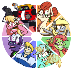 Size: 2200x2200 | Tagged: safe, artist:cowsrtasty, derpy hooves, lily, lily valley, lyra heartstrings, rolling thunder, tree hugger, oc, oc:penny inkwell, human, pony, robot, g4, color wheel, color wheel challenge, crossover, e-102 gamma, fred jones, high res, scooby-doo!, sonic the hedgehog (series)