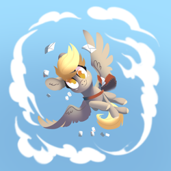 Size: 1700x1700 | Tagged: safe, artist:28gooddays, derpy hooves, pegasus, pony, g4, bag, cloud, colored hooves, female, flying, letter, mailbag, mailmare, mare, no pupils, sky, smiling, solo, spread wings, wings