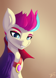 Size: 2175x3000 | Tagged: safe, artist:tyleks, zipp storm, pegasus, pony, g5, cape, clothes, cosplay, costume, cute, fangs, female, high res, mare, signature, simple background, smiling, solo, vampire costume