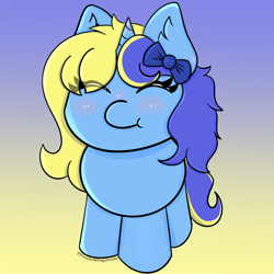 Size: 3000x3000 | Tagged: safe, artist:purple wingshade, oc, oc only, oc:blue water, pony, unicorn, blue mane, blushing, bow, chibi, commissioner:blue water, cute, ear fluff, eyelashes, eyes closed, gradient background, high res, smiling, tiny, tiny ponies, yellow mane