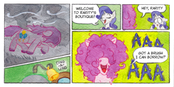 Size: 1192x598 | Tagged: safe, artist:lost marbles, pinkie pie, rarity, earth pony, pony, unicorn, g4, bell, comic, dialogue, door, frizzy hair, hair over eyes, open mouth, open smile, smiling, traditional art, wind