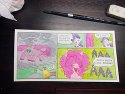 Size: 4032x3024 | Tagged: safe, artist:lost marbles, pinkie pie, rarity, earth pony, pony, unicorn, g4, comic, dialogue, frizzy hair, mixed media, traditional art, wind