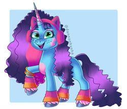 Size: 1338x1153 | Tagged: safe, artist:dannonhynha, misty brightdawn, pony, unicorn, g5, accessory, adorable face, curly hair, cute, digital art, female, freckles, hair, happy, headphones, long mane, long tail, looking at you, mare, open mouth, open smile, raised hoof, rebirth misty, simple background, smiling, smiling at you, solo, tail, toy interpretation, unshorn fetlocks