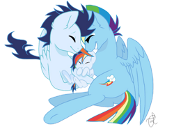 Size: 1024x768 | Tagged: safe, artist:ilaria122, rainbow dash, soarin', oc, oc:sky, pegasus, pony, g4, baby, baby pony, eyes closed, female, filly, foal, happy, lying down, male, mare, momma dash, offspring, parent:rainbow dash, parent:soarin', parents:soarindash, ship:soarindash, shipping, simple background, stallion, straight, transparent background, trio, vector