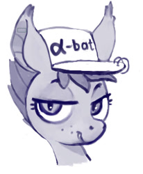 Size: 578x702 | Tagged: safe, artist:ponsce, bat pony, pony, alpha, grayscale, hat, monochrome, simple background, solo, white background