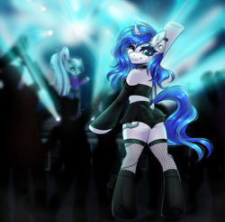 Size: 2800x2755 | Tagged: safe, artist:in4ri_, coloratura, oc, oc:mind, semi-anthro, g4, arm hooves, bipedal, butt, choker, clothes, concert, countess coloratura, ear piercing, female, fishnet stockings, high res, looking at you, looking back, makeup, miniskirt, one eye closed, piercing, plot, skirt, solo focus, tattoo