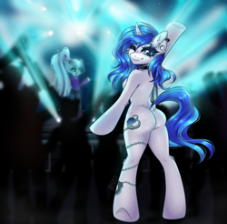 Size: 2800x2755 | Tagged: safe, alternate version, artist:in4ri_, coloratura, oc, oc:mind, semi-anthro, g4, arm hooves, bipedal, butt, concert, countess coloratura, ear piercing, female, high res, looking at you, looking back, makeup, one eye closed, piercing, plot, solo focus, tattoo