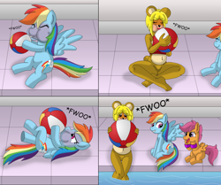 Size: 4900x4100 | Tagged: safe, artist:gameboysage, rainbow dash, scootaloo, bear, pegasus, pony, anthro, g4, air nozzle, animal crossing, beach ball, blowing up beach ball, blushing, bottomless, breasts, cleavage, clothes, comic, cute, cutealoo, dashabetes, female, filly, foal, hoof hold, indirect kiss, inflating, lifeguard, lipstick, loonerdash, lucky girl, mare, partial nudity, paula (animal crossing), puffy cheeks, rainblow dash, red face, scootalove, summer, swimming pool, trio, water wings