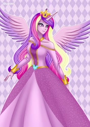 Size: 1000x1414 | Tagged: safe, artist:bluebell, princess cadance, human, g4, clothes, crystal, dress, elegant, gown, horn, horned humanization, humanized, looking sideways, pony coloring, princess, simple background, smiling, solo, winged humanization, wings