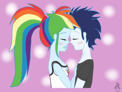 Size: 1024x768 | Tagged: safe, artist:ilaria122, rainbow dash, soarin', human, equestria girls, g4, about to kiss, blushing, duo, eyes closed, female, male, ponytail, ship:soarindash, shipping, straight