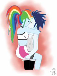 Size: 750x1000 | Tagged: safe, artist:ilaria122, rainbow dash, soarin', human, equestria girls, g4, carrying, eyes closed, female, kiss on the lips, kissing, male, ponytail, ship:soarindash, shipping, straight