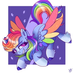 Size: 1280x1280 | Tagged: safe, artist:galaxy swirl, rainbow dash, pegasus, pony, g4, colored wings, female, hoof fluff, mare, smiling, solo, spread wings, wings