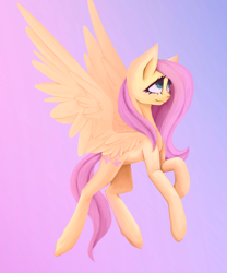 Size: 2500x3000 | Tagged: safe, artist:anastas, fluttershy, pegasus, pony, g4, big ears, big eyes, blushing, cute, female, flying, full body, gradient background, high res, looking up, mare, pink mane, pink tail, raised hoof, shyabetes, side view, smiling, solo, spread wings, sternocleidomastoid, tail, wings, yellow coat
