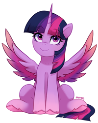 Size: 1986x2479 | Tagged: safe, artist:maren, twilight sparkle, alicorn, pony, g4, female, high res, mare, simple background, sitting, solo, spread wings, twilight sparkle (alicorn), white background, wings