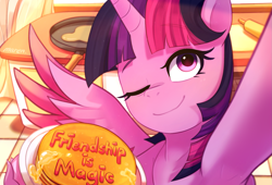 Size: 1985x1348 | Tagged: safe, artist:maren, twilight sparkle, alicorn, pony, g4, armpits, eyebrows, eyebrows visible through hair, eyelashes, female, food, leg hold, looking at you, mare, one eye closed, one wing out, pancakes, selfie, signature, solo, spread wings, twilight sparkle (alicorn), wings, wink, winking at you
