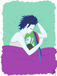 Size: 750x1000 | Tagged: safe, artist:ilaria122, rainbow dash, soarin', human, equestria girls, g4, bed, female, male, ship:soarindash, shipping, sleeping, straight