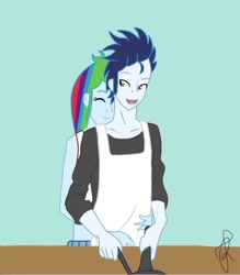 Size: 768x875 | Tagged: safe, artist:ilaria122, rainbow dash, soarin', human, equestria girls, g4, cooking, eyes closed, female, hug, male, ship:soarindash, shipping, straight