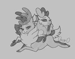 Size: 1308x1024 | Tagged: safe, artist:deacoti, cupid (tfh), vixen (tfh), deer, reindeer, them's fightin' herds, cloven hooves, community related, doe, duo, female, grayscale, looking at you, lying down, male, monochrome, one eye closed, pencil drawing, prone, signature, simple background, stag, traditional art, white background, wink, winking at you