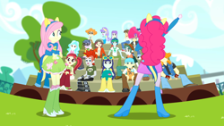 Size: 1920x1080 | Tagged: safe, screencap, blueberry cake, fluttershy, pinkie pie, human, equestria girls, g4, my little pony equestria girls: summertime shorts, steps of pep, boots, cheering, clothes, collar, female, male, megaphone, shirt, shoes, skirt, socks, teenager, wondercolts uniform
