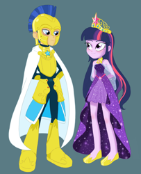 Size: 828x1020 | Tagged: safe, artist:nightglowfan, flash sentry, twilight sparkle, human, equestria girls, g4, armor, bare shoulders, big crown thingy, element of magic, female, jewelry, male, regalia, royal guard, ship:flashlight, shipping, straight