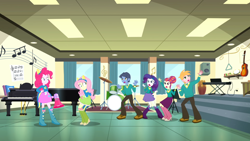 Size: 1920x1080 | Tagged: safe, screencap, big macintosh, fluttershy, pinkie pie, rarity, toe-tapper, torch song, human, equestria girls, g4, my little pony equestria girls: summertime shorts, steps of pep, boots, clothes, collar, drums, hand on hip, jazz hands, keyboard, megaphone, musical instrument, piano, ponytones, ponytones outfit, shirt, shoes, socks, teenager, wide eyes, wondercolts uniform, wondertones