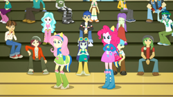 Size: 1920x1080 | Tagged: safe, screencap, blueberry cake, flash sentry, fluttershy, pinkie pie, human, equestria girls, g4, my little pony equestria girls: summertime shorts, steps of pep, boots, clothes, gym, hand on hip, megaphone, polka dot socks, shocked, shocked expression, shoes, socks