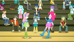 Size: 1920x1080 | Tagged: safe, screencap, blueberry cake, captain planet, flash sentry, fluttershy, micro chips, normal norman, paisley, pinkie pie, sandalwood, scribble dee, starlight, torch song, valhallen, human, equestria girls, g4, my little pony equestria girls: summertime shorts, steps of pep, boots, clothes, crossed arms, eyes closed, female, male, megaphone, polka dot socks, shoes, socks, wondercolts uniform