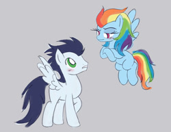 Size: 828x639 | Tagged: safe, artist:nightglowfan, rainbow dash, soarin', pegasus, pony, g4, alternate hairstyle, blushing, female, looking at each other, looking at someone, male, mare, ship:soarindash, shipping, simple background, stallion, straight